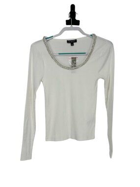 J.Crew Polished Glam Rhinestone Neckline Top Small White Ribbed Knit Long Sleeve